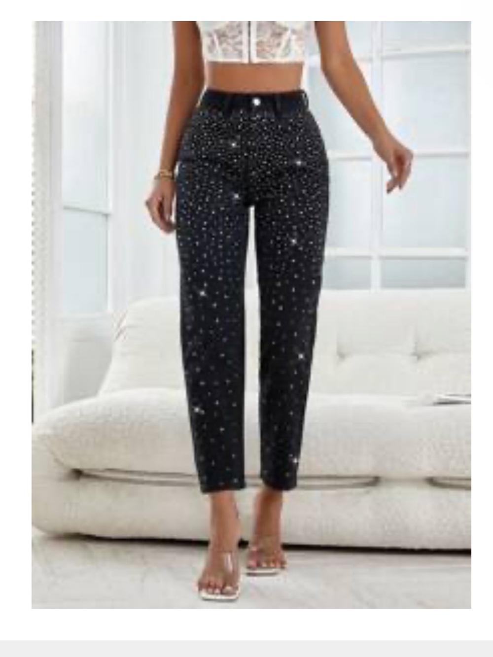 SHEIN Black High-Waist Sparkle Straight Jeans